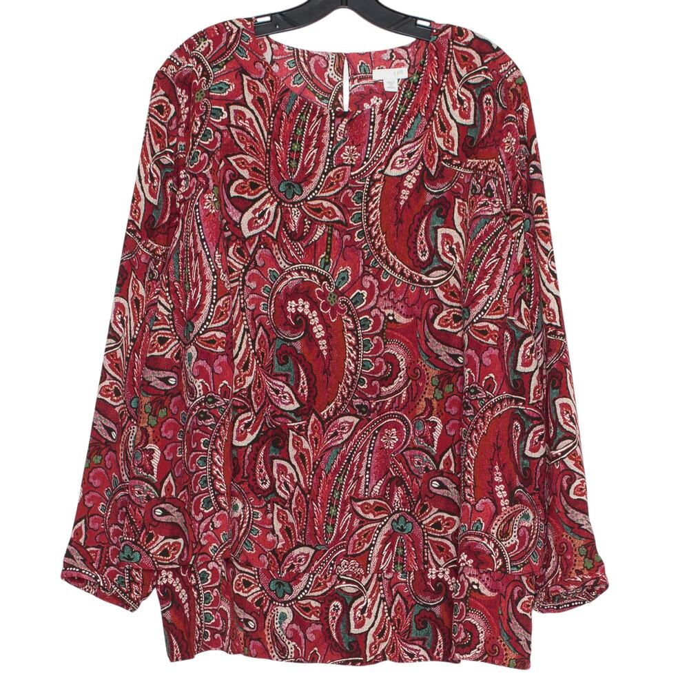 J Jill Tunic Top Paisley Red Boho Flowy Peasant Layered Work Career Plus Size 2X
